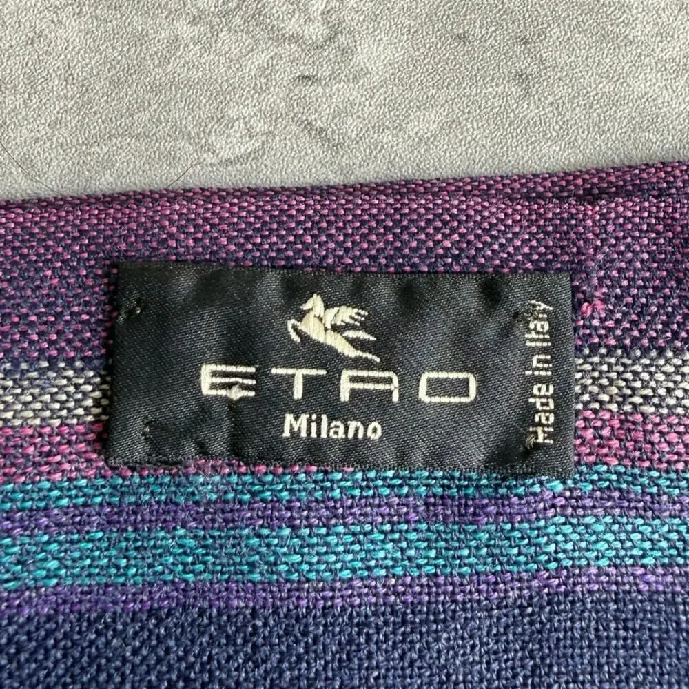 ETRO Italy Striped Scarf Purple Teal Wool Silk Cashmere Fringe Embroidered Logo